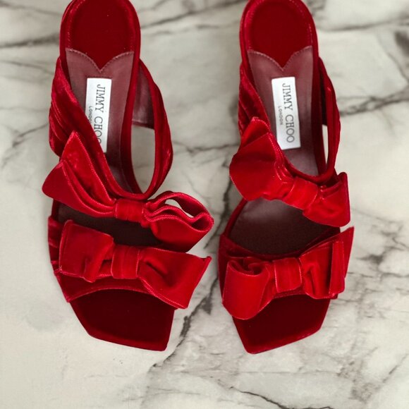 Jimmy Choo Red Velvet Bow Flaca Heels - Picture 3 of 8